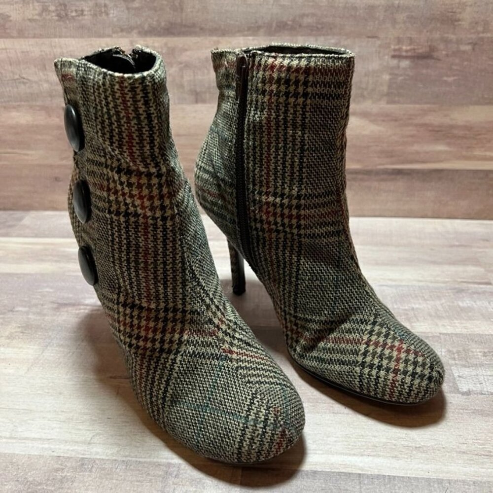 diba Plaid Ankle High Heel Boots With Button Detail & Side Zipper Closure